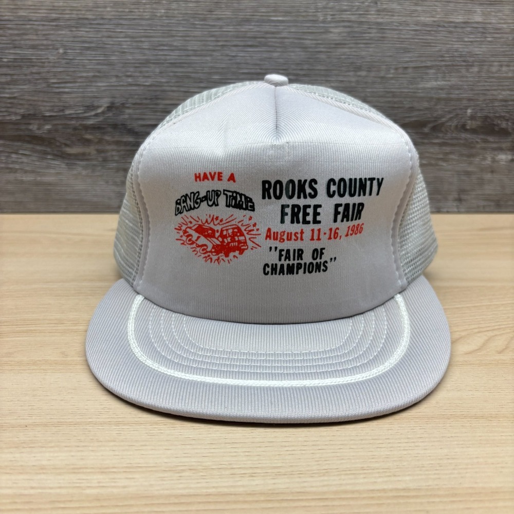 Vintage Rooks County Free Fair Hat Cap Snap Back Gray Trucker Mesh 1986 KS 80s
